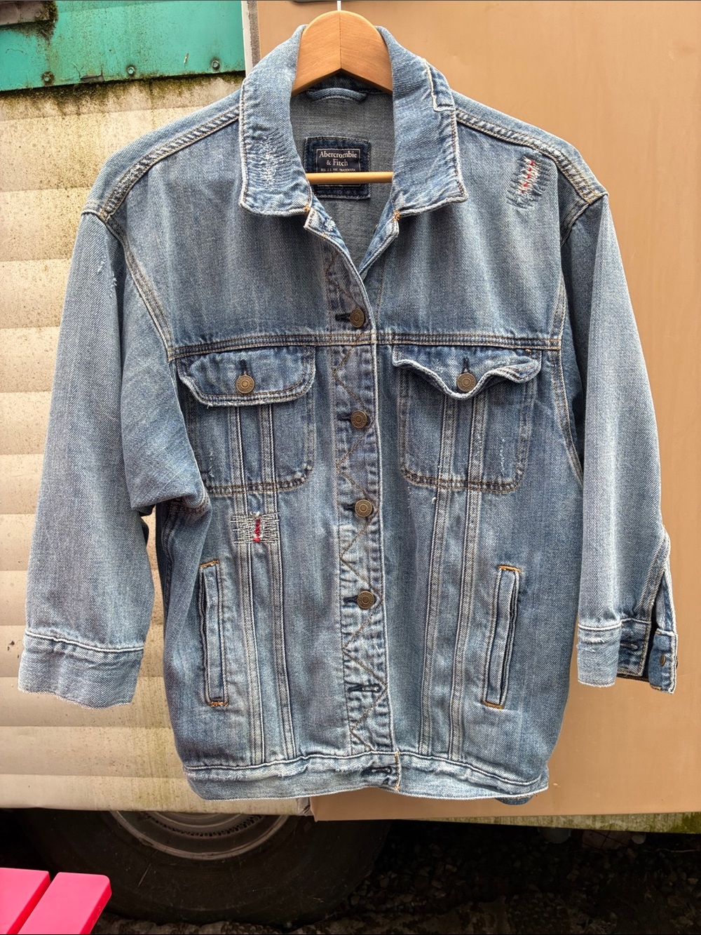 Repurposed Abercrombie & Fitch Light Blue Distressed MENS Denim Jacket